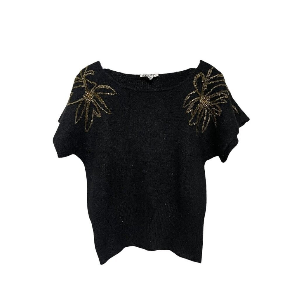 Axiom Black Short Sleeve Beaded Sweater Gold Floral Shoulder Detail Vintage